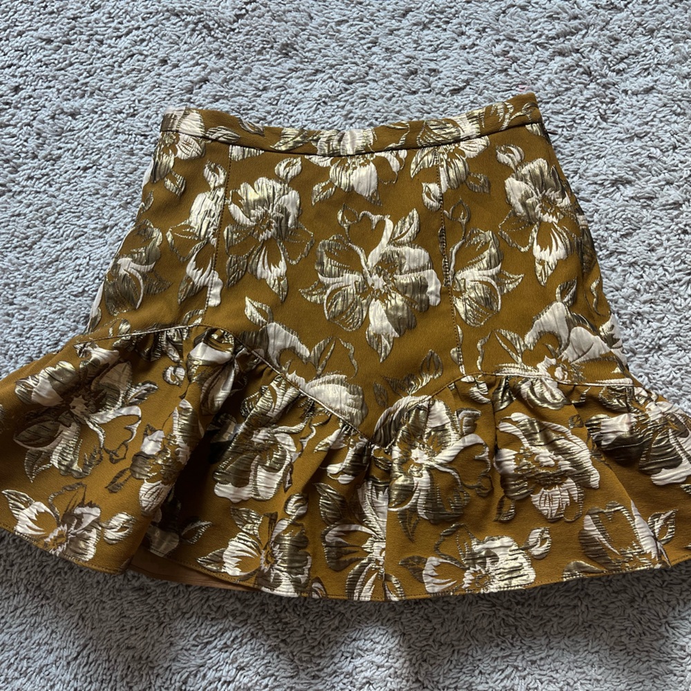 LoveShackFancy Gold Floral Ruffle Mini Skirt — XS